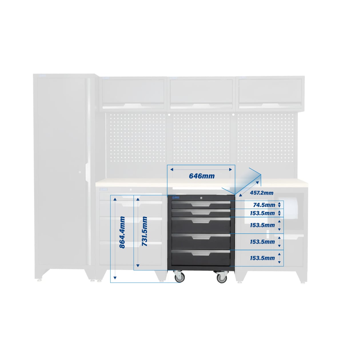 SGS 10pc Modular Garage Storage | 9 Drawers | Plywood Worktop | Tall Single Cabinet | Bin Unit | Mobile Cabinet | 3x Upper Cabinets